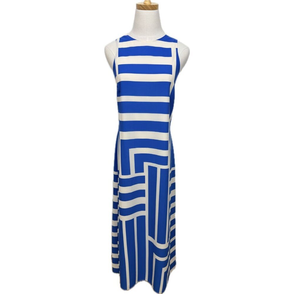 Donna Morgan Quincy Blue & White Geometric Sleeveless Maxi Dress Size 14 - Picture 3 of 6